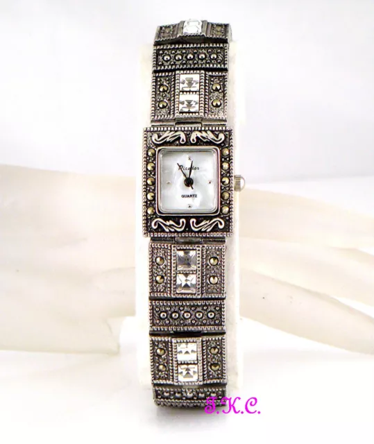 Swarovski Kristall + Echter Markasit Halbedel Juwelen Silber Deko Armbanduhr Uhr