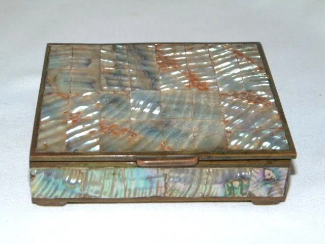 Vintage Inlaid Abalone & Brass Wood Lined CIGARETTE, JEWELRY TRINKET BOX, Mexico