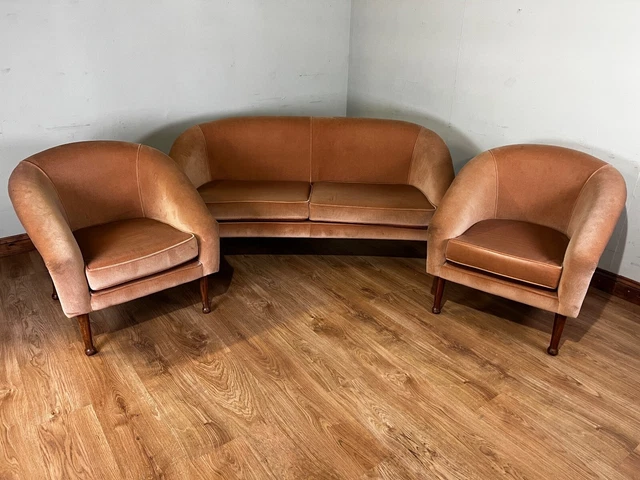 Mid Century Vintage 60'S Teak Guy Rogers Sofa & 2 Armchairs Pink Fabric