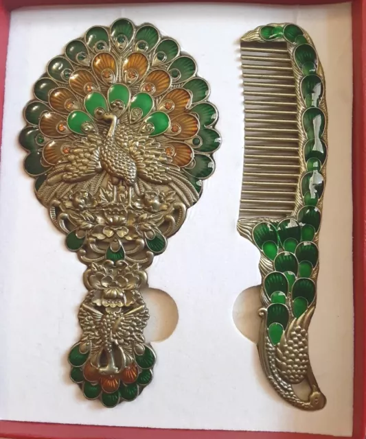 Maniya Set of Mirror and Comb - with colorful enameled peacock design