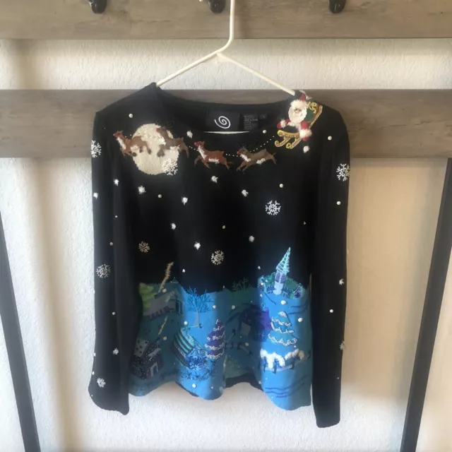 *RARE* Michael Simon Event Christmas Sweater Beaded Black Pullover Santa Size L