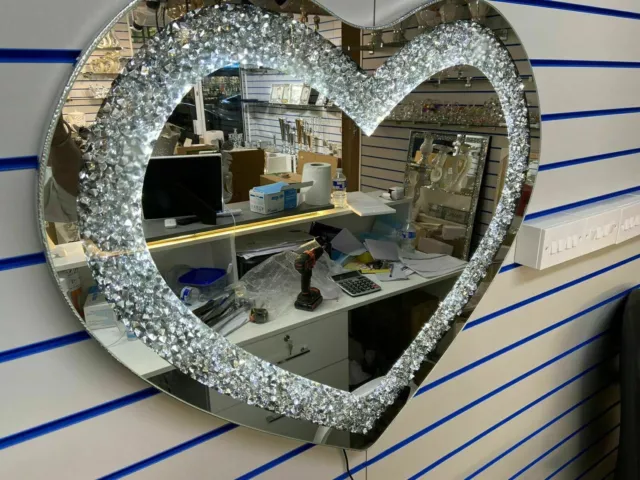 80x70CM LED LIGHT HEART SHAPE SPARKLY CRUSHED CRYSTAL DIAMANTE BLING WALL MIRROR