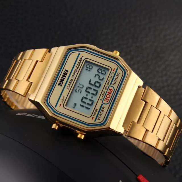 Mens LED Digital Wrist Watch Date Day Sport Army Gold Stainless Steel Vintage