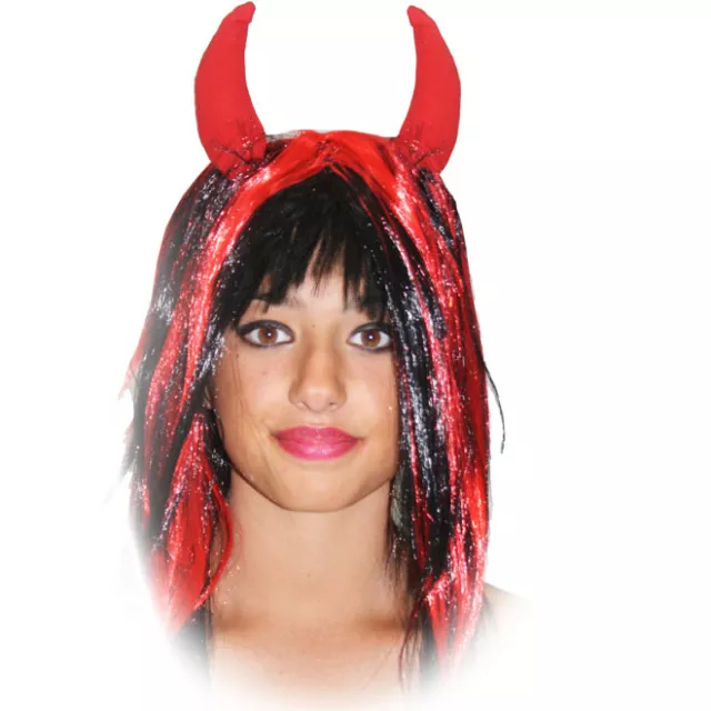 PARRUCCA diavolo diavoletta con CORNA travestimento HALLOWEEN CARNEVALE