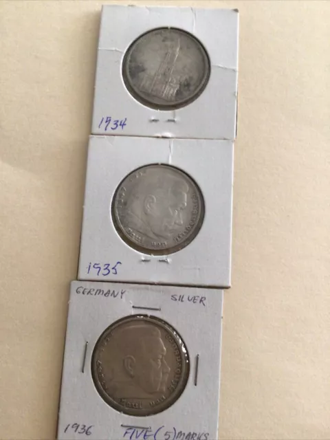 GERMAN Coin 5 REICHSMARK 1934 POTSDAM Garrison CHURCH & 1935, 1936 Three Coins