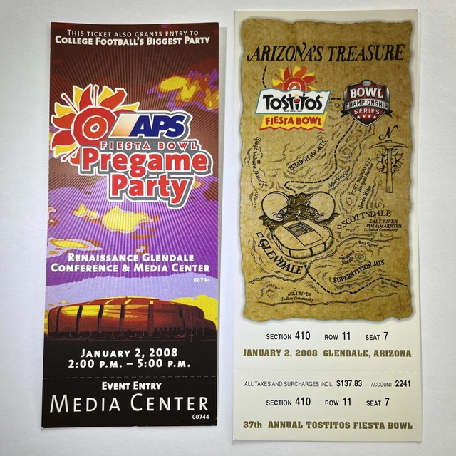 2008 Fiesta Bowl Full Ticket West Virginia vs Oklahoma + Pregame Party Ticket