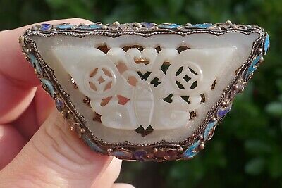 Antique Chinese Gilt Silver, Enameled, & White Jade Brooch - Bat Design
