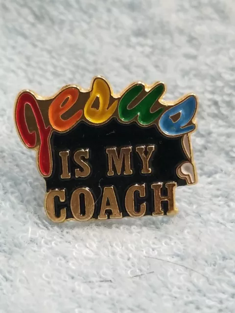 Jesus Is My Coach Lapel Hat Vest Pin Tie Tack Goldtone & Rainbow Colors Religiou