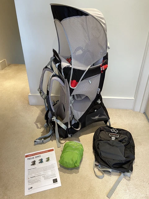 Portador trasero para niños Osprey Poco AG premium + dosel y cubierta de lluvia - estado inmaculado