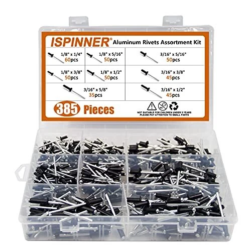 ISPINNER 385pcs 8 Sizes Aluminum Blind Rivets Pop Rivets Assortment Kit Black