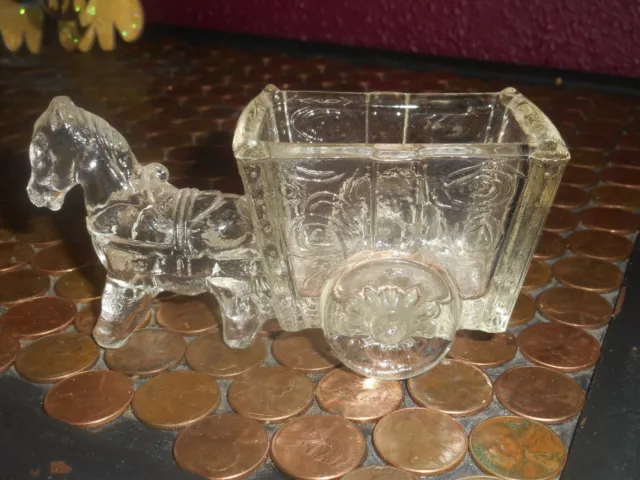 Vintage Pressed Glass Horse Donkey & Cart Toothpick Holder WITH DESIGNS