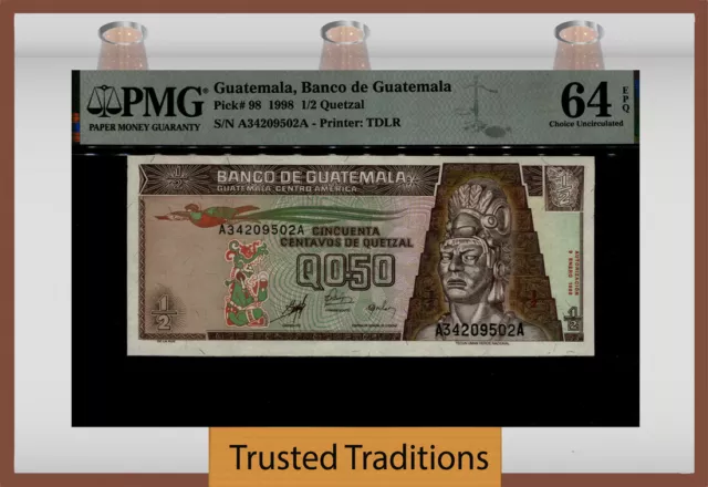 Tt Pk 98 1998 Guatemala 1/2 Quetzal Pmg 64 Epq Choice Uncirculated