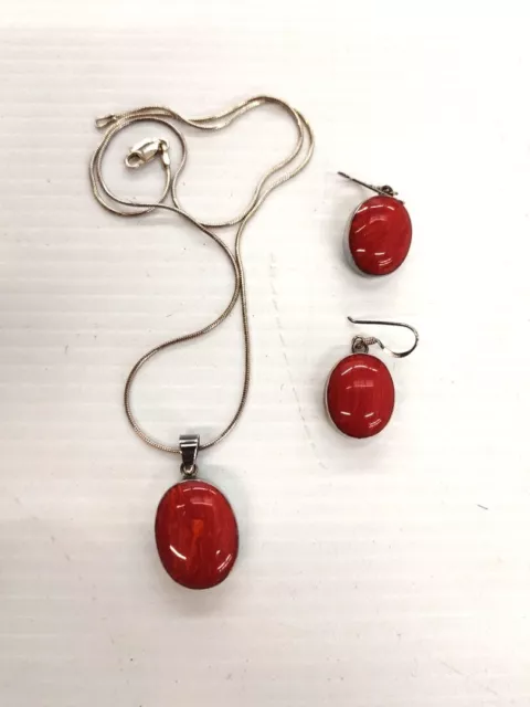 Sterling Silver With Red Gem/Stone Necklace And Earring Set-Good Condition (V1)