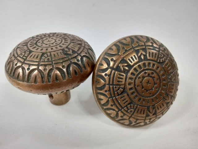 Two (2) Antique Vintage Brass Victorian Ornate Door Knobs Reclaimed Salvage Pair