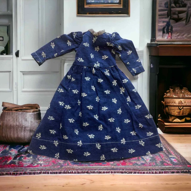 Antique Doll Dress French German Bisque Porcelain Victorian Blue White