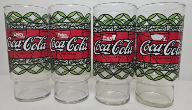 Set Of 4 Vintage Coca Cola Tiffany Style Stained Glass Drinking Glasses