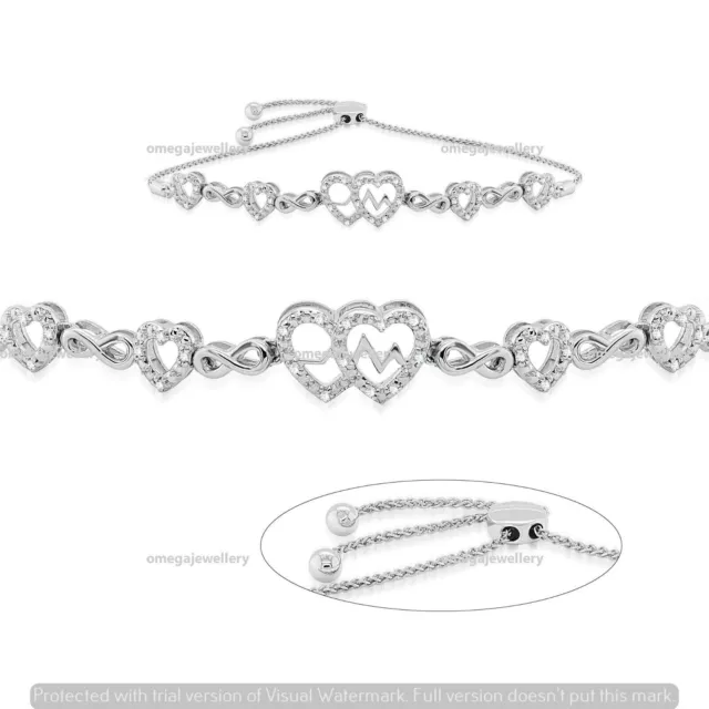 0.12 CT Natural I2 J Diamond Infinity Heart Bolo Bracelet 14k White Gold Over