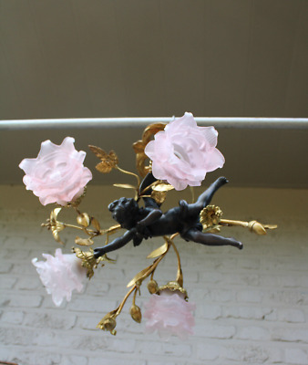 French cherub putti angel bronze brass pendant lamp chandelier pink glass shades