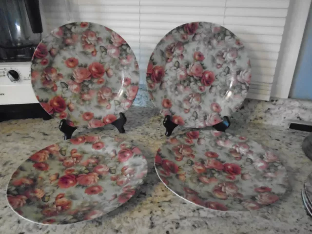 4 Baum Bros. Formalities Pink Rose Chintz Collection Dinner Plates 10 3/4"