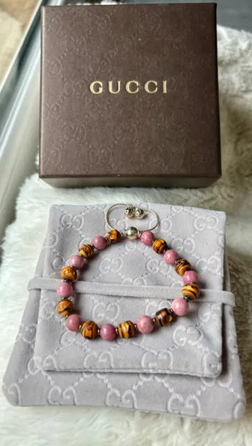 Gucci-Bracelet de perles ajustables en bois et pierres bicolores-Argent