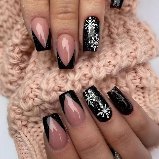 Square Head Christmas French Fake Nails Full Cover T-shape Nail Tips  Women