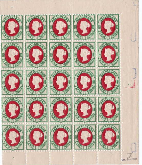 Helgoland 25x Mi.Nr. 14 e Hälfte eines Schalterbogen postfrisch ** 1890, geprüft
