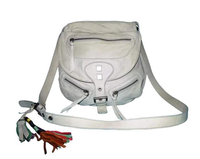 Sac Vintage CHARLES JOURDAN - Besace En Cuir Gris Clair, Bandoulière - Style Rétro Années 90