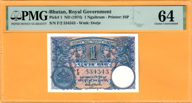 Bhutan-1 Ngultrum-1974-First Issue-Pick 1-Serial Number 534343 **Unc Pmg 64**