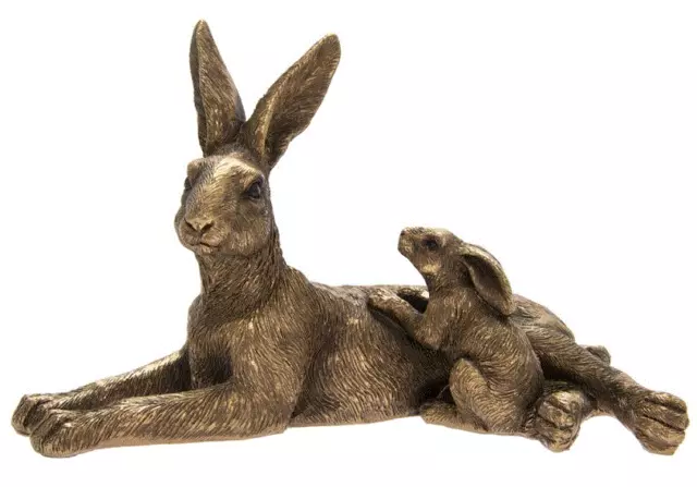 Lying Mother Hare & Baby Bronze Effect Figure Ornament Gift Sculpture