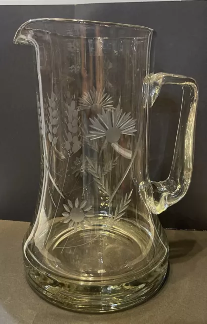 Vintage Very Nice Large Etched Flowers Glass Water Pitcher Thick Heavy Base  10"