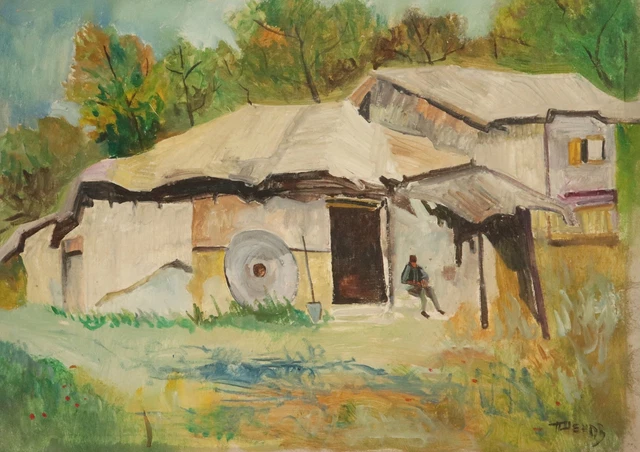 Vintage gouache painting man resting by the old mill landscape