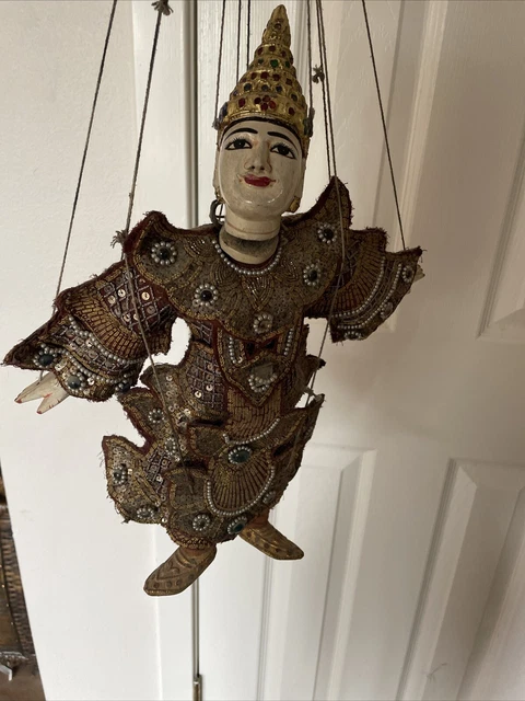 Antique Burmese Thailand Marionette Vtg Hand Carved Wooden String Puppet. clown 