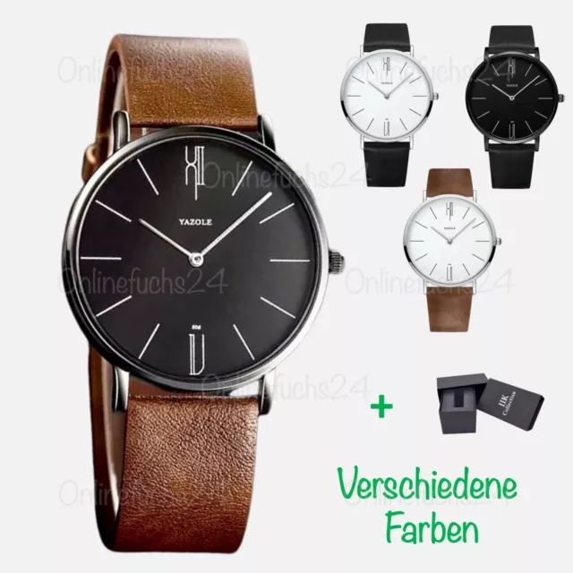 Armbanduhr Ultradünn Leder Herren + Damen dünn leicht braun schwarz + Box