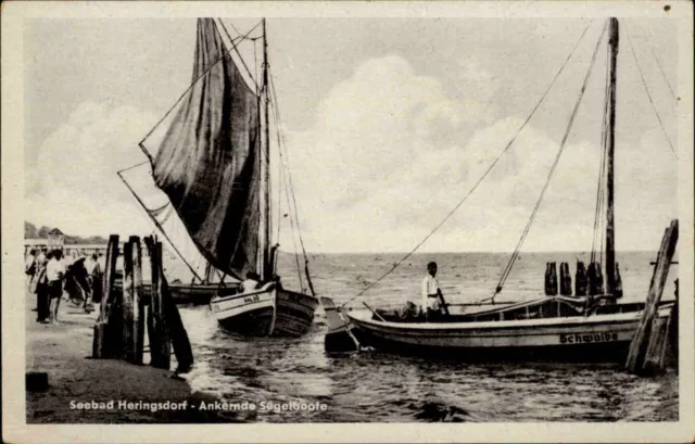 HERINGSDORF Seebad Ostsee Hafen Segelboote alte Ansichtskarte ungelaufen ~1953