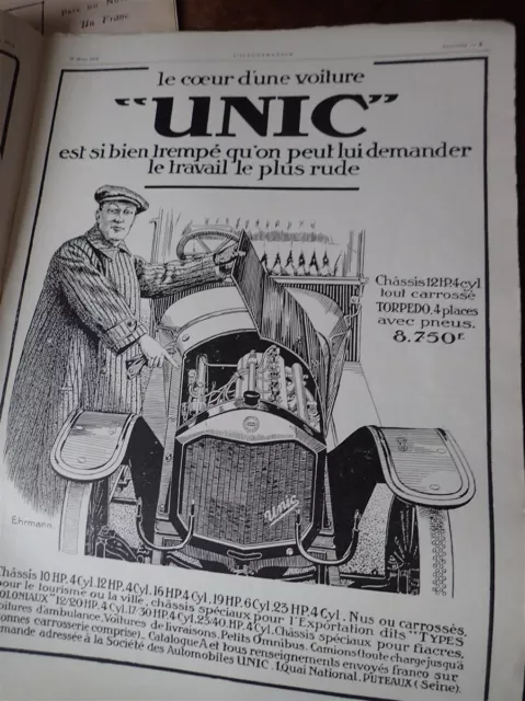 UNIC 12 HP torpédo automobile PUTEAUX publicité papier ILLUSTRATION 1914 col