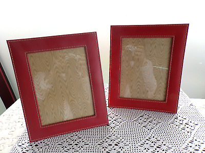 Ancienne paire de cadres photos  rectangulaires-cuir surpiqué rouge-vintage 1950