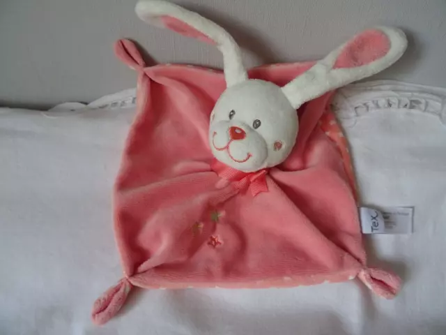 Doudou Lapin Tex  Carre 22 Cm Rose Saumon Brode Etoiles