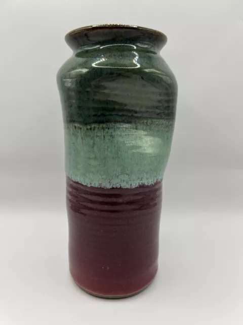 Studio Art Pottery Vase Smushed Design Unsigned Green Magenta Glaze 7.5” Tall