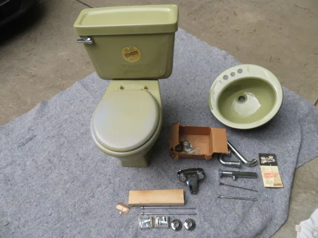 Vintage MCM Mid Century Toilet Sink Set Avocado Green 1960s Retro Atomic