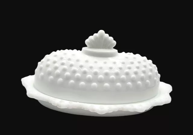 Vintage Fenton White Milk Glass Hobnail Oval Covered Butter Dish Crown Lid 8"