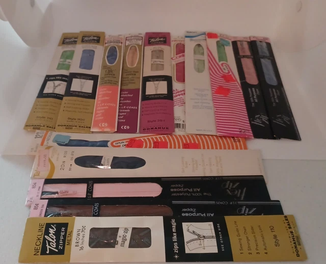 Lot 15 Vintage Metal Sewing Zippers Talon JP Coats & Talon Nylon Coil Spun Dee