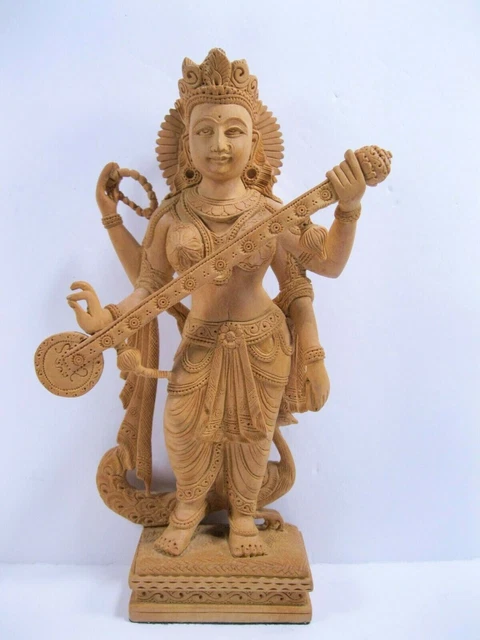 Saraswati Statue Wood Carving Hindu Goddess of Art Culture Balinese Sculpture