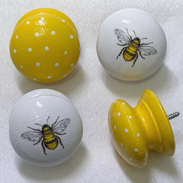 4 x Large Handpainted & Decoupaged Bumble Bee & Polka Dot 2” Pine Drawer Knobs