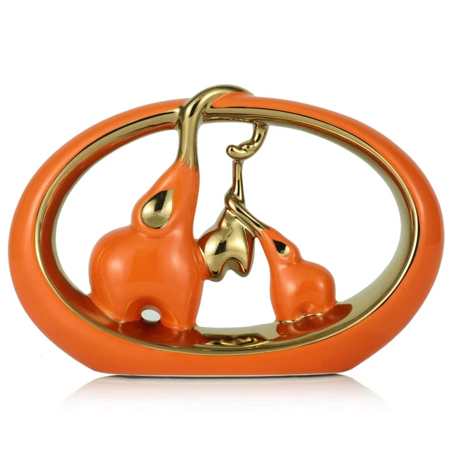 QIANLING Elephant Decor - Ceramic Orange Gold Round Elephant Statue, Elegant ...
