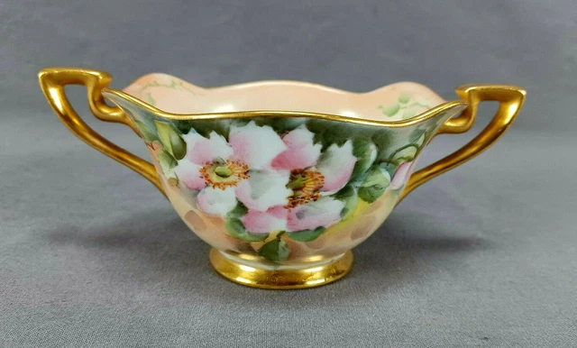 Vintage German Hand Painted Signed Signed F Kelley Pink Wild Roses & Gold Sugar