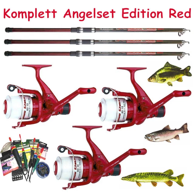 Komplett Angelset Edition Red 3 Ruten 3 Rollen + Zubehörsortiment Allroundset