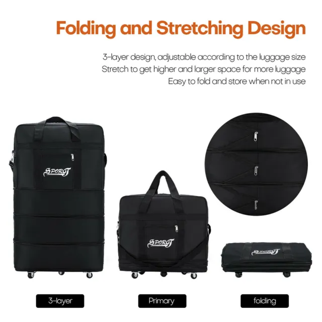 Expandable Duffel Bag 3-Layers Suitcase Collapsible Rolling Wheeled Luggage Bag 6