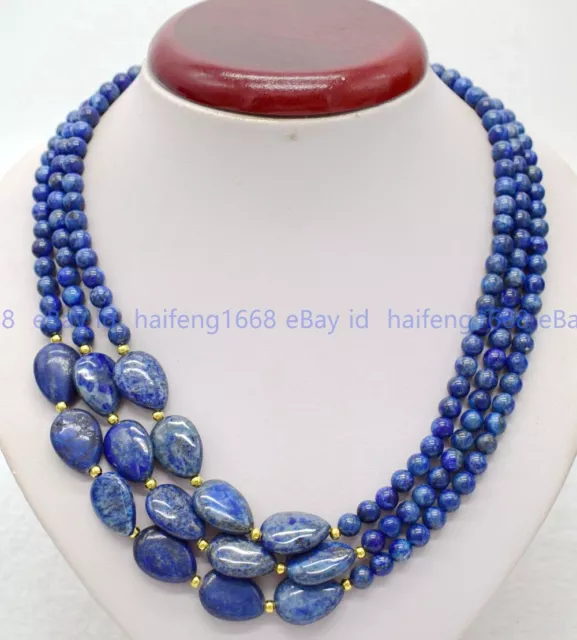 3-Reihen 6mm Rund &Träne Natürlich Blau Lapis Lazuli Perlen Halskette 45-50cm