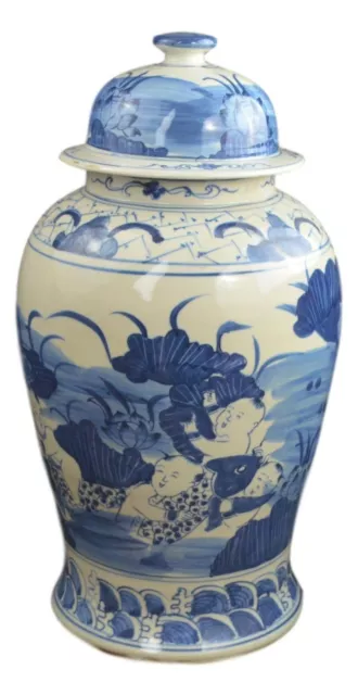 Festcool 19" Antique Like Finish Blue and White Porcelain Children and Lotus ...