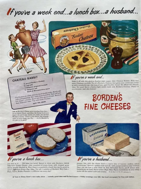 Vtg Print Ad 1945 Borden's Fine Cheeses Retro Kitchen Decor Gift Home Recipe